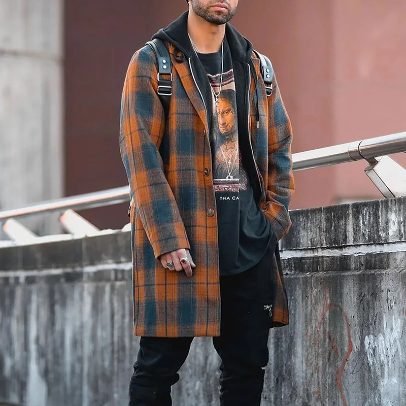 

Мужское однобортное пальто в клетку, с длинным рукавом и отложным воротником, на пуговицах, Осень-зима 2022