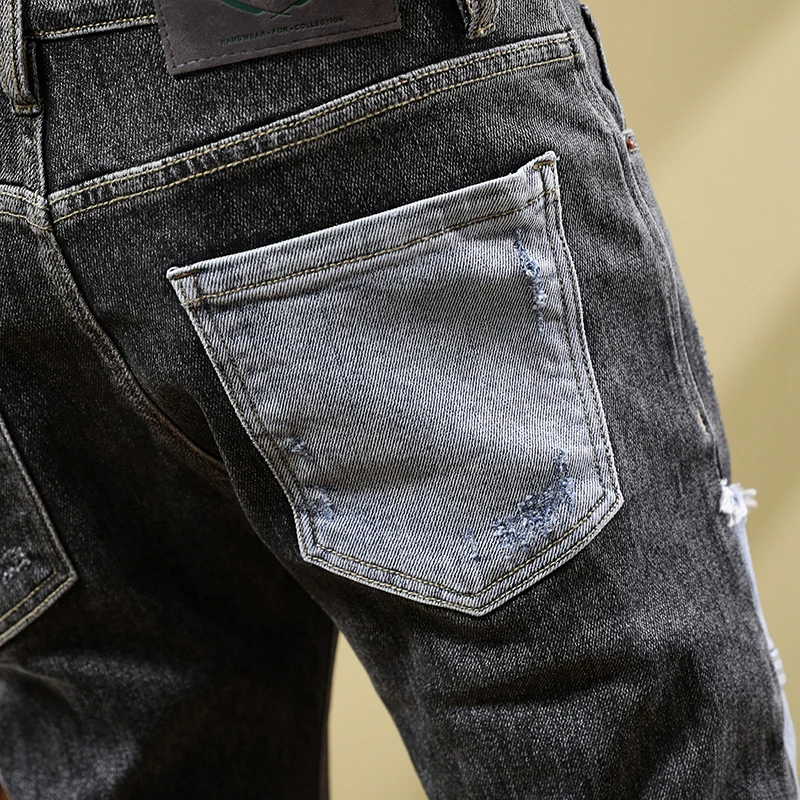 High Street Fashion Men Jeans Retro Black Gray Elastic Skinny Fit Ripped Jeans Men Patched Designer Hip Hop Stretch Pants Hombre