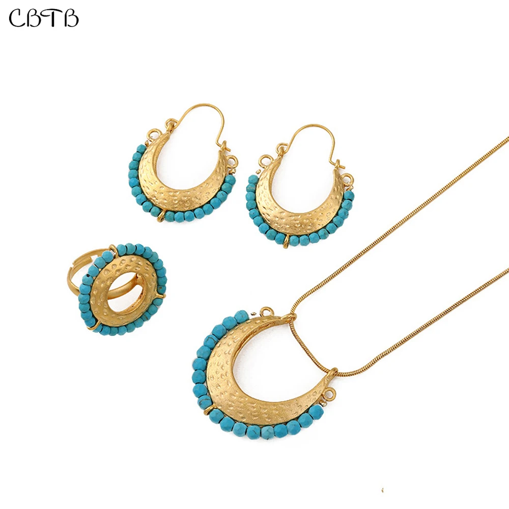 

Bohemian 18K Gold Moon Pendant Necklace Rings Earrings Sets for Women Boho Natural Stone Party Wedding Summer Beach Jewelry Set