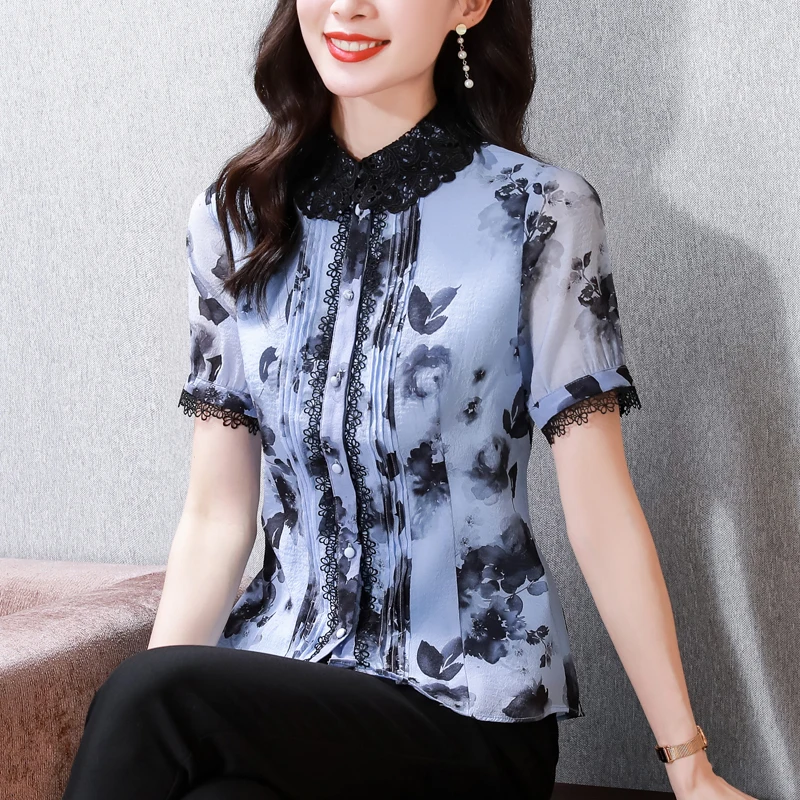 

YCMYUNYAN Chiffon Women's Shirts Prints Blouses Summer 2023 Loose Short Sleeves Ladies Clothing Lace Patchwork Casual Tops