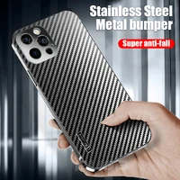 luxury stainless steel metal bumper case for iphone 13 12 pro max carbon fiber texture ultra thin shockproof armor phone cover