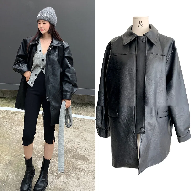 

South Korea early autumn in the long PU leather coat women British style loose loose slim biker jacket coat trend