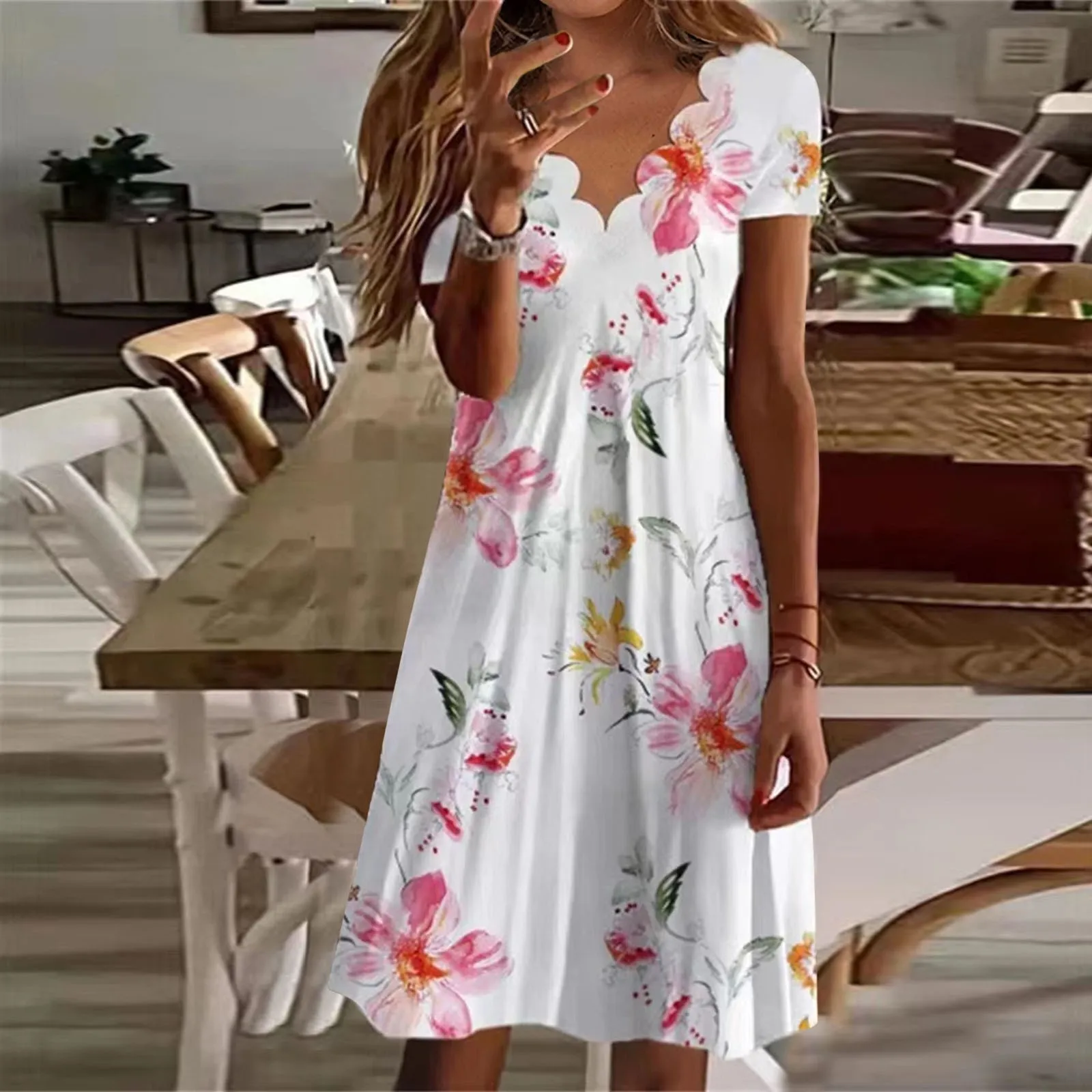 

Womens Casual Floral Short Sleeve V Neck Flowy Flowing A Line Midi Dresses Long Midi Dress
