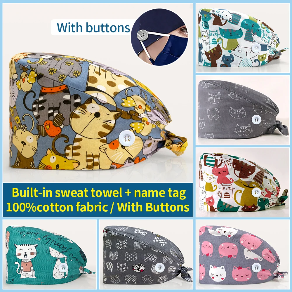 

Pet Veterinary Working Hat Breathable Dental Clinic Nurse Work Hats Medical Surgical Caps Unisex Printed Pharmacist Scrubs Caps