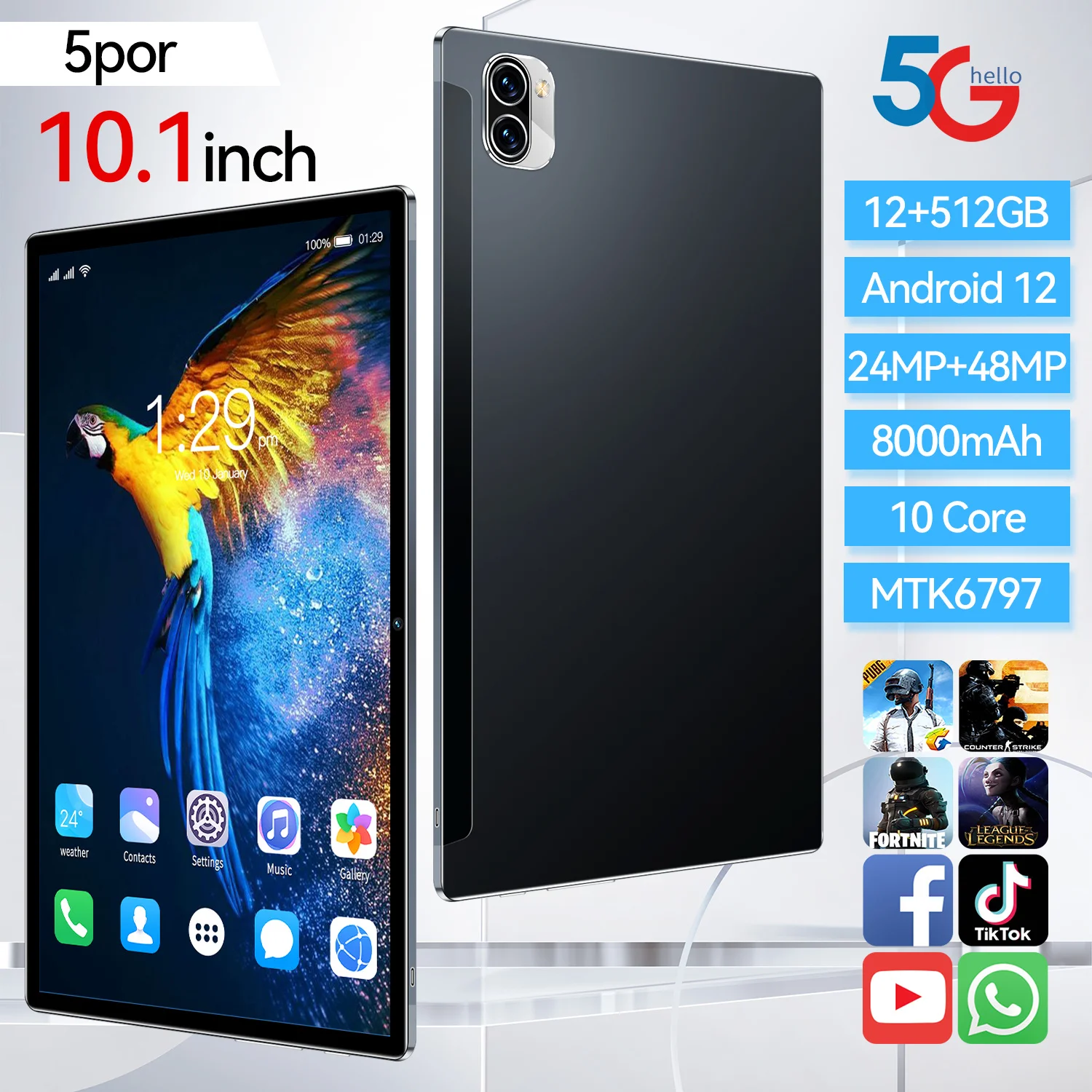 

2023 Global Version New Pad 12G+512GB Android 12 WiFi PC Dual SIM SD Card Tablet10.1 Inch Tablet MTK67975G Call Phone 8000mAh