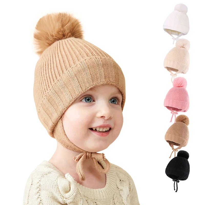 

Baby Winter Hat with Earflap Plush Lining Pom Pom Bonnet Cute Kids Knitted Hats for Girls Boys Infant Beanie Accessories 1-4Y