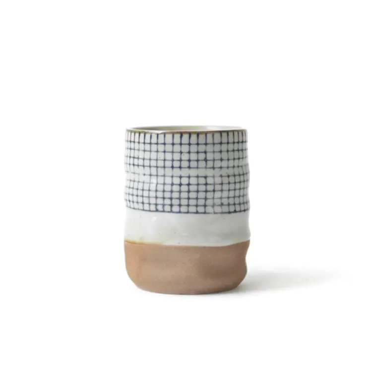 

2 PCS Japanese Style Plaid Pattern Cup Ceramic Tea Cup Retro Anti Hot
