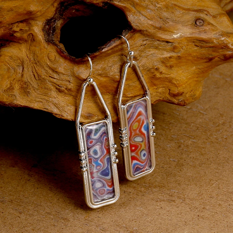 

Retro Silver Geometric Colorful Oil Painting Pattern Women's Long Earrings
