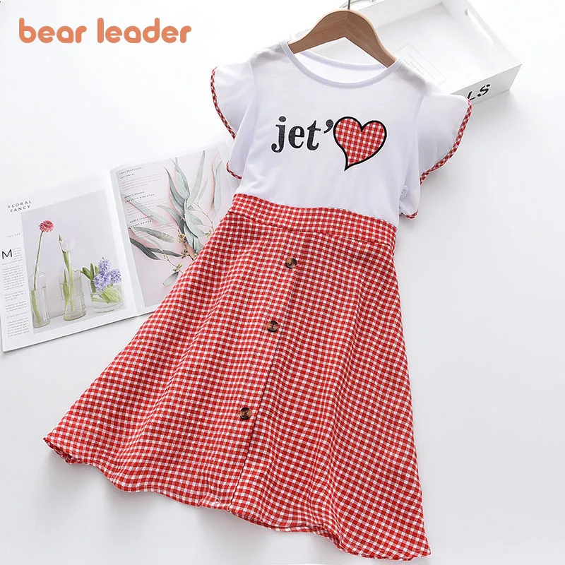 Bear Learder Girls Plaid Printing Dresses Sweet Cute Summer Kids Round Neck Dress Princess Party Clothes Teenager Clothing