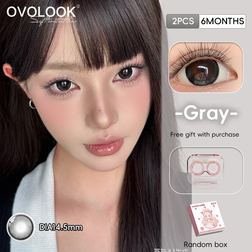 Фото Цветные контактные линзы OVOLOOK, 2 шт., для коррекции близорукости, мягкие линзы, персиково-розовые, серые, натуральные, для увеличения глаз, с бесплатным футляром для линз. №5