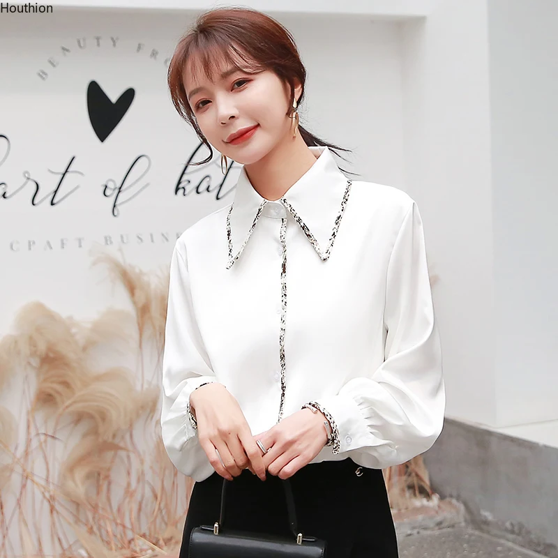 

Новинка, Женская атласная блузка с длинными рукавами, корейский топ с лацканами, модная повседневная рубашка-поло, женская одежда в Корейск...