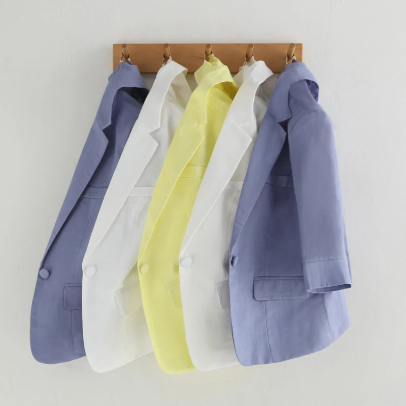 Женский офисный пиджак повседневный из хлопка и льна с рукавом 2023 весна-лето 3/4