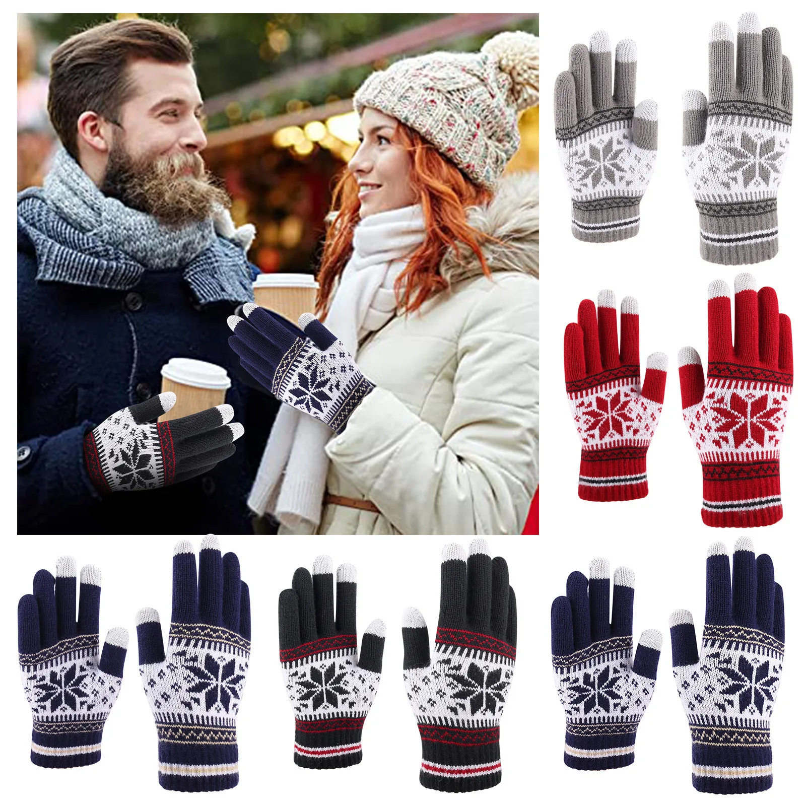 

Женские перчатки с принтом снежинок, оригинальные вязаные перчатки для экрана, толстые и теплые зимние перчатки для взрослых