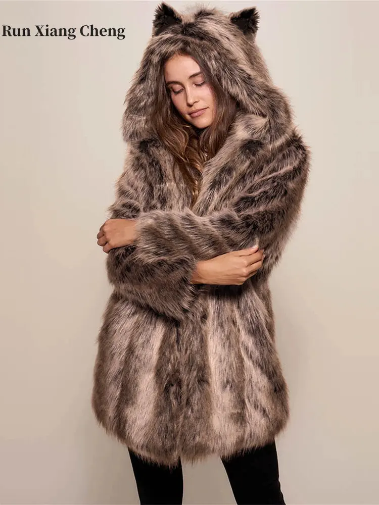 Women's Long Faux Fur Coat 2023 Women's Winter Furry Jackets New Elegant Stuffed Coat Woman Luxury Designer Plush Coat with Hat