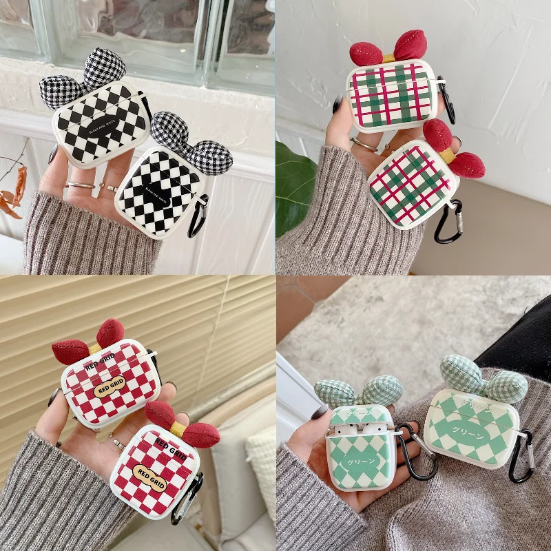 

Чехол для Airpods Pro 1 2, защитный разноцветный клетчатый чехол для беспроводных наушников с милым мультяшным рисунком, с бантом, bluetooth