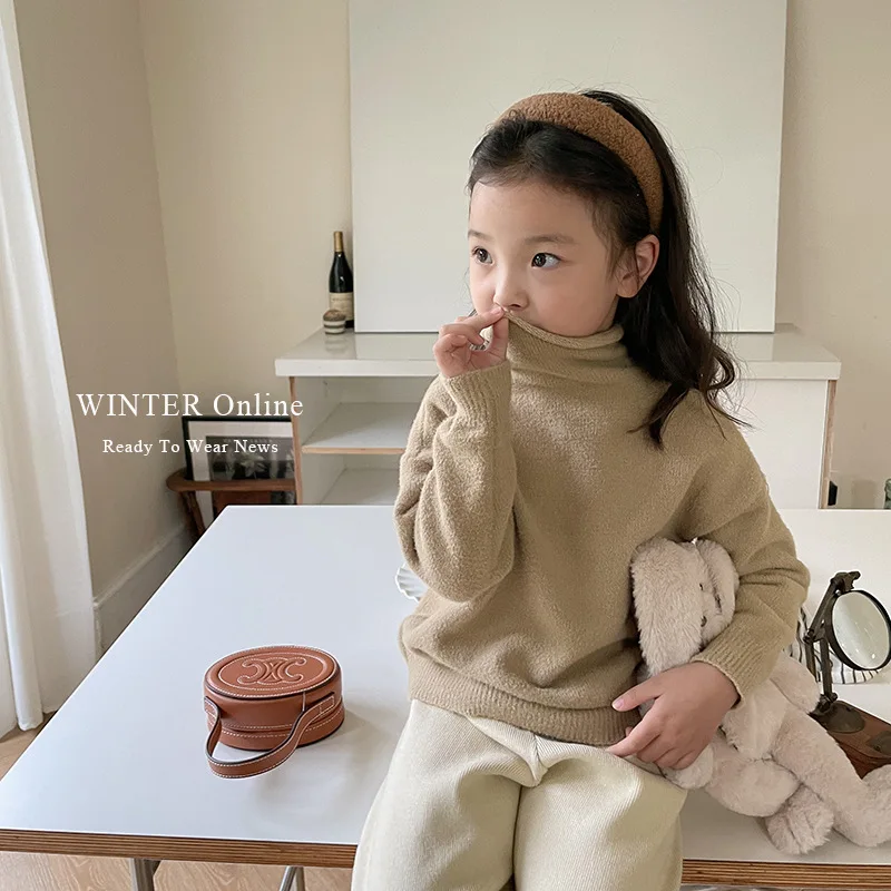 

Loose Winter Soft Kids Pullovers Thicken Knitted Striped Sweaters Baby Warm Girls Anti-pilling High Collar