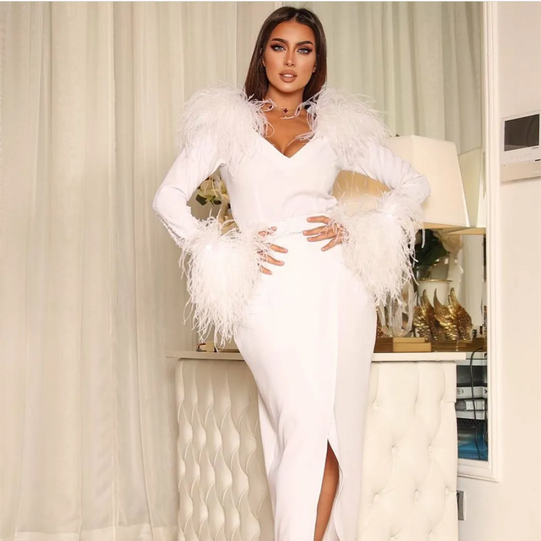 

Женское винтажное длинное вечернее платье с V-образным вырезом, с перьями, с Боковым Разрезом, плиссированное платье в пол