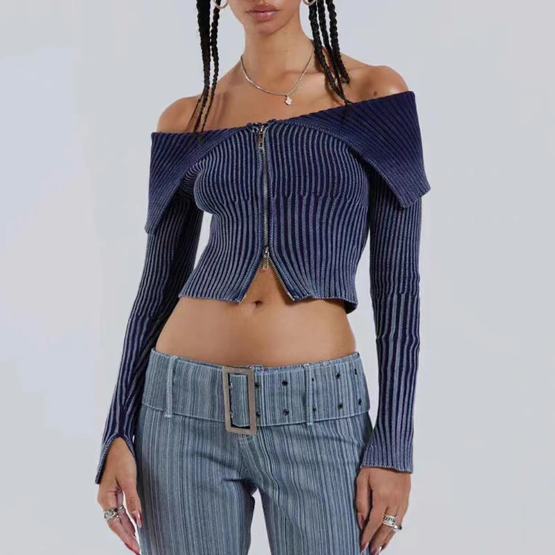 

Женский короткий кардиган в рубчик, винтажный стираемый кардиган из искусственной джинсовой ткани без бретелек, модель y2k на осень, 2023