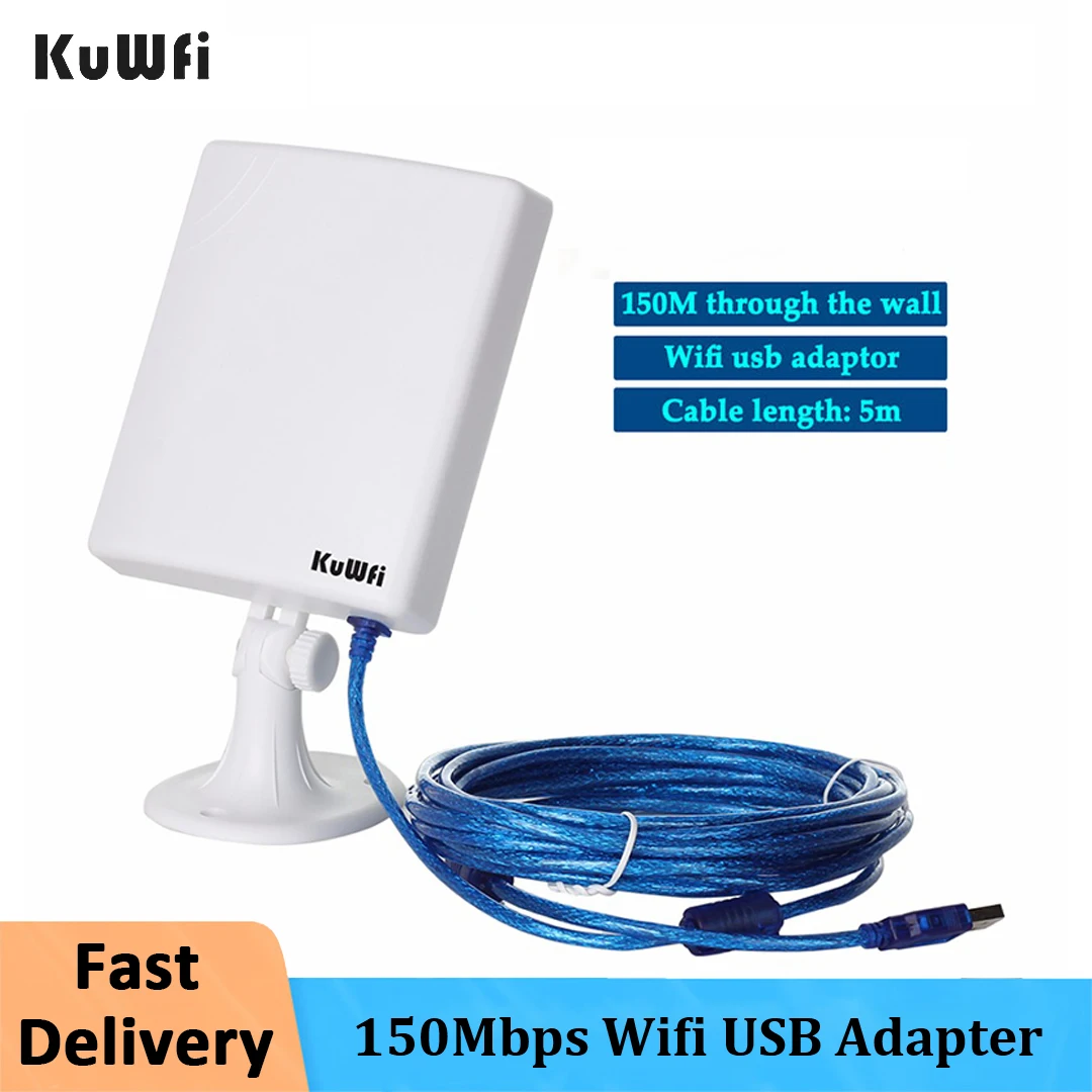 KuWfi 150Mbps Wifi USB Adapter For PC Outdoor Wifi Receiver High Gain 14dBi Antenna 5m Cable Network Card High Power Waterproof