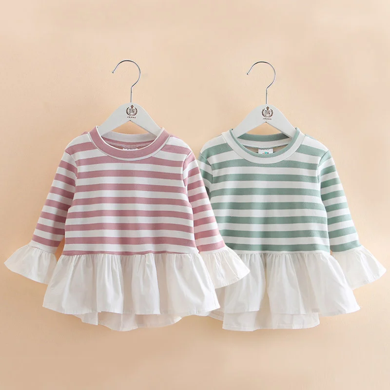 

2021 Spring Fashion 2-10 Years Kids Child Tees Tops O-neck Long Sleeve Stripe Lace Patchwork Cotton Autumn Baby Girls T-shirts