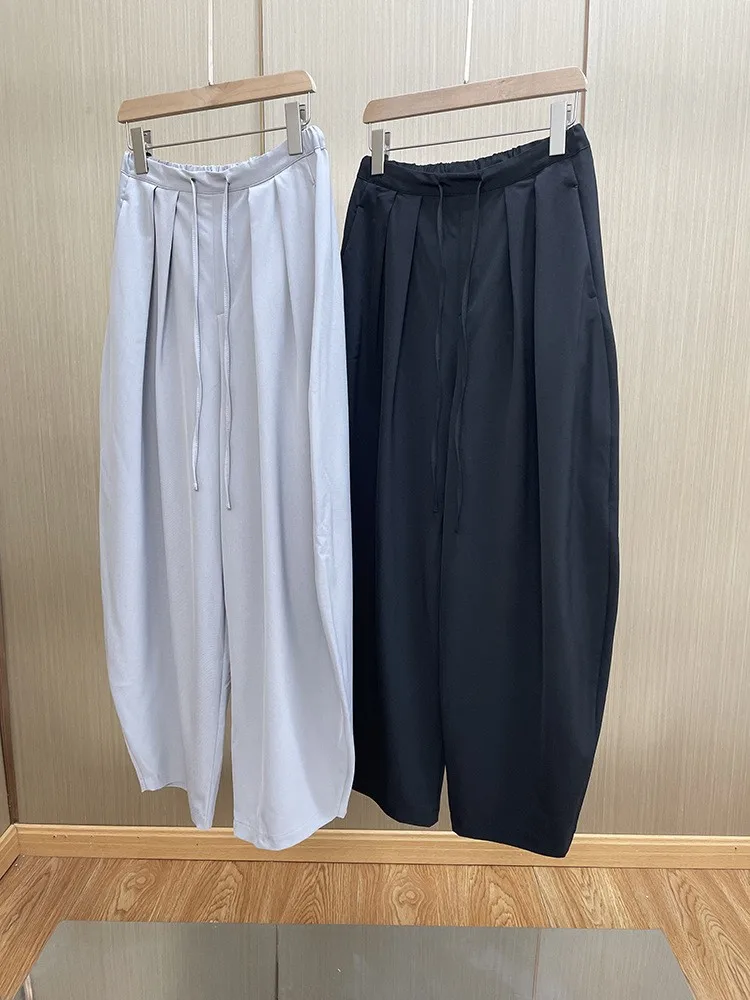 Women Silhouette Drawstring Elastic Waist Casual Pants Lady Wide Leg Bottoms Japan Style Loose Pants 2023 Spring Summer