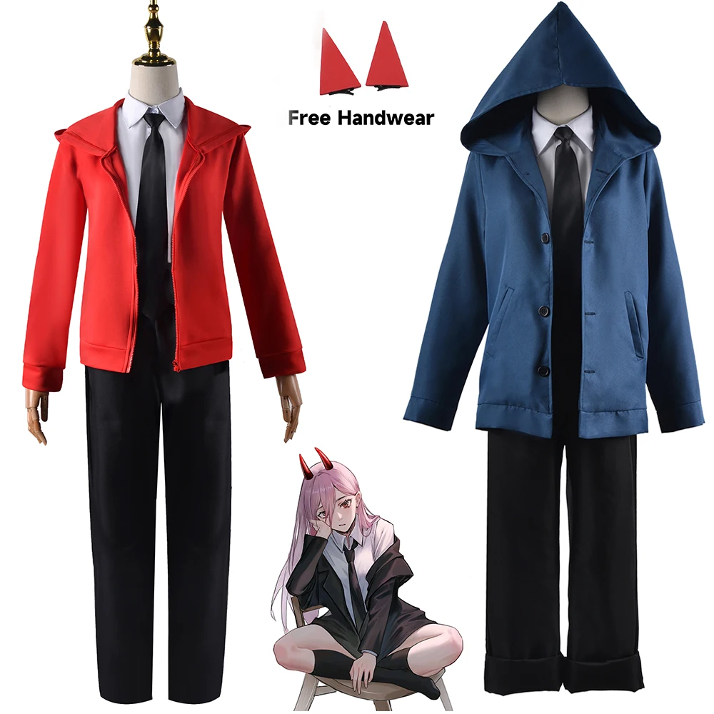 

Hot Anime Chainsaw Man Power Cosplay Costume Blue Red Jacket Uniform Outfit Hairpins Blood Fiend Devil Halloween Party for Women