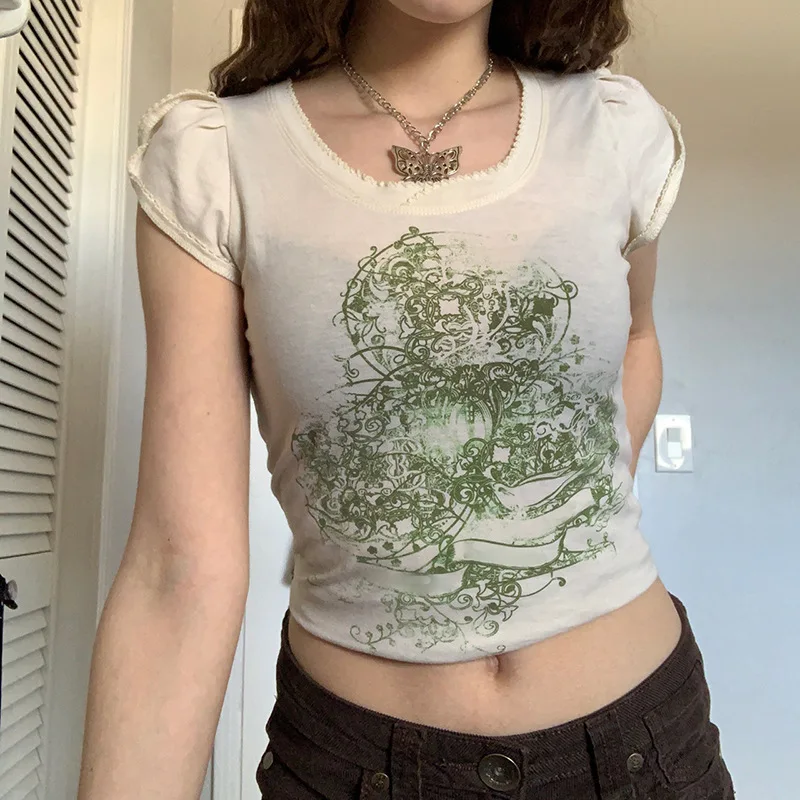 

TFETTERS Woman Tshirts Printed Short Sleeve Graphic T Shirts 2022 New Hot Girl Y2K Tops Age-reducing Navel Slim Round Neck Tees