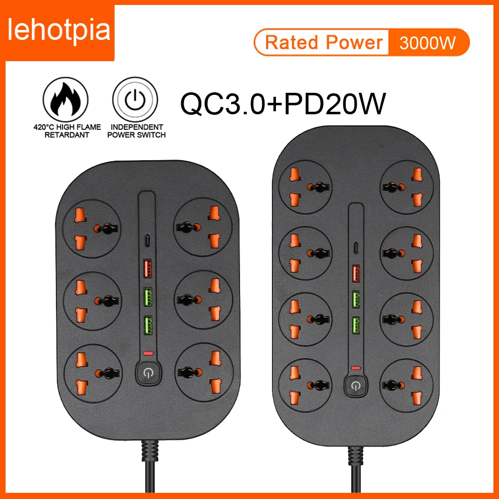 

Lehotpia EU US UK Power Strip Plug 2M Extension Cable Electrical Socket Type-C PD20W QC 3.0 USB Fast Charing Port Network Filter