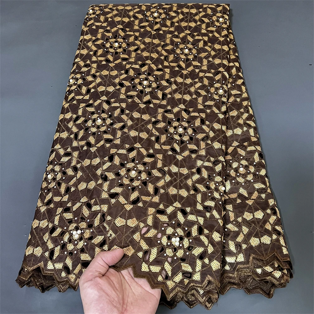 

African Brocade Lace Fabrics For Women Party Dresses Cotton Lace With Rhinestone Green Embroidery Sewing 5Yards Sequins Fabric