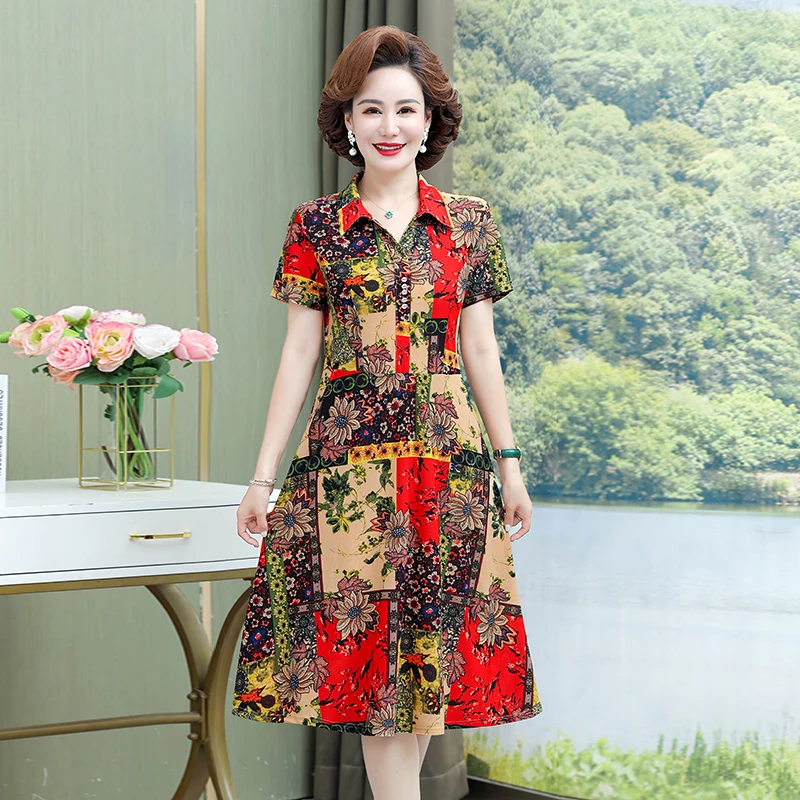 

Summer Dresses Polo-Neck Print Floral Elegant Short Sleeve Dress For Women Slim Plus Size Women Clothing