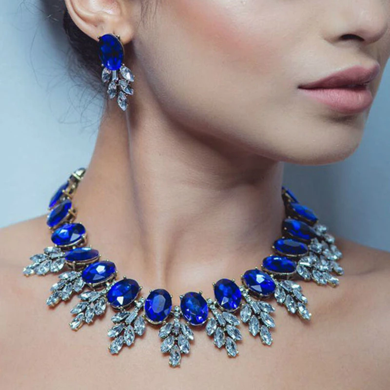 

13 Colors Luxury Statement Colorful Flower Necklace Ear drop Gem Women Fashion Wedding Jewelry Collier Maxi Chokers Necklace Set