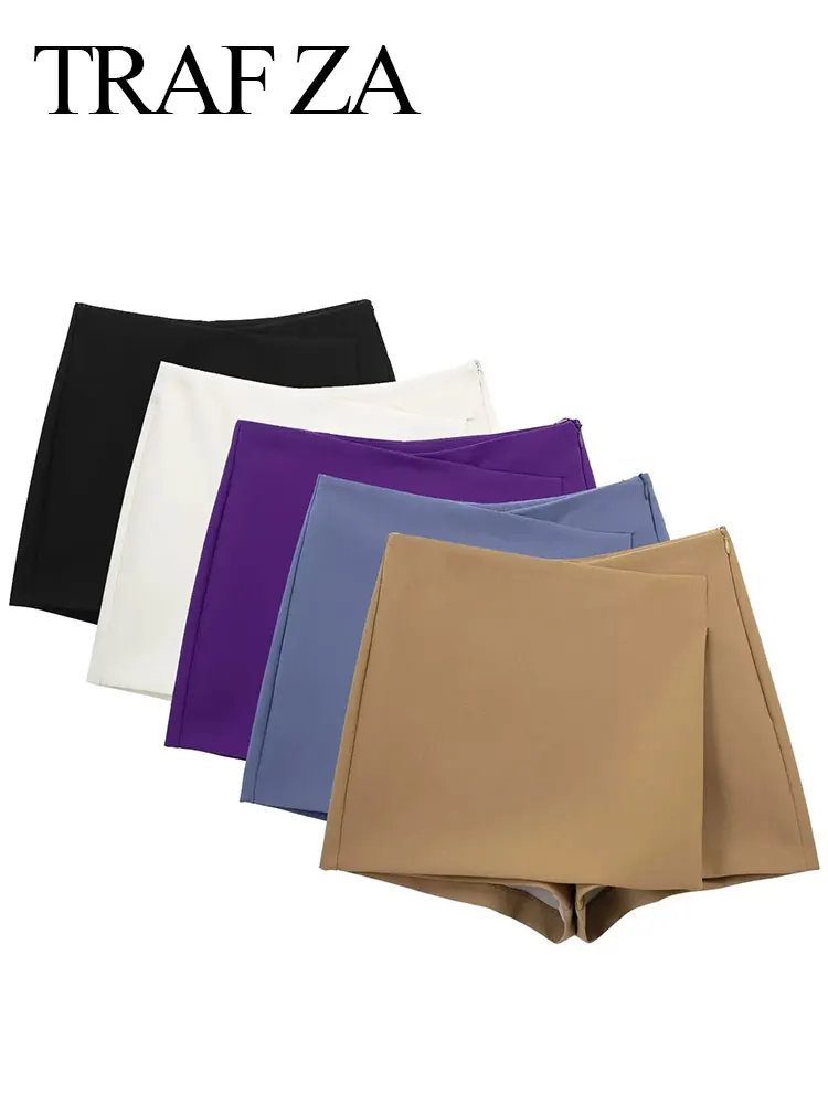 

TRAFZA Women's Fashion Asymmetric Culottes Solid Color Vintage High Waist Side Zipper Short Skirts Sexy Female Skorts Mujer