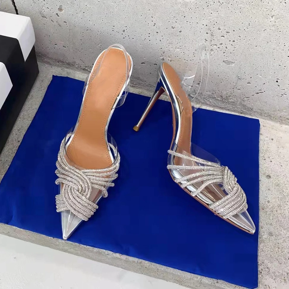 

Savanah Designer Brand Women Pumps Rhinestones High Heels Transparent Sandals Slingbacks Pointed Toe Party Bride Wedding Shoes