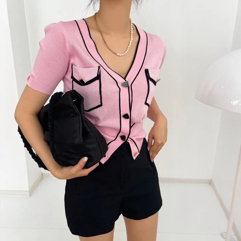 

Summer Thin Cardigans Ladies Knitted Cardigan Sweater Women Short Sleeve V-neck Korean Fashion Office Slim Tops Cardigan Femme