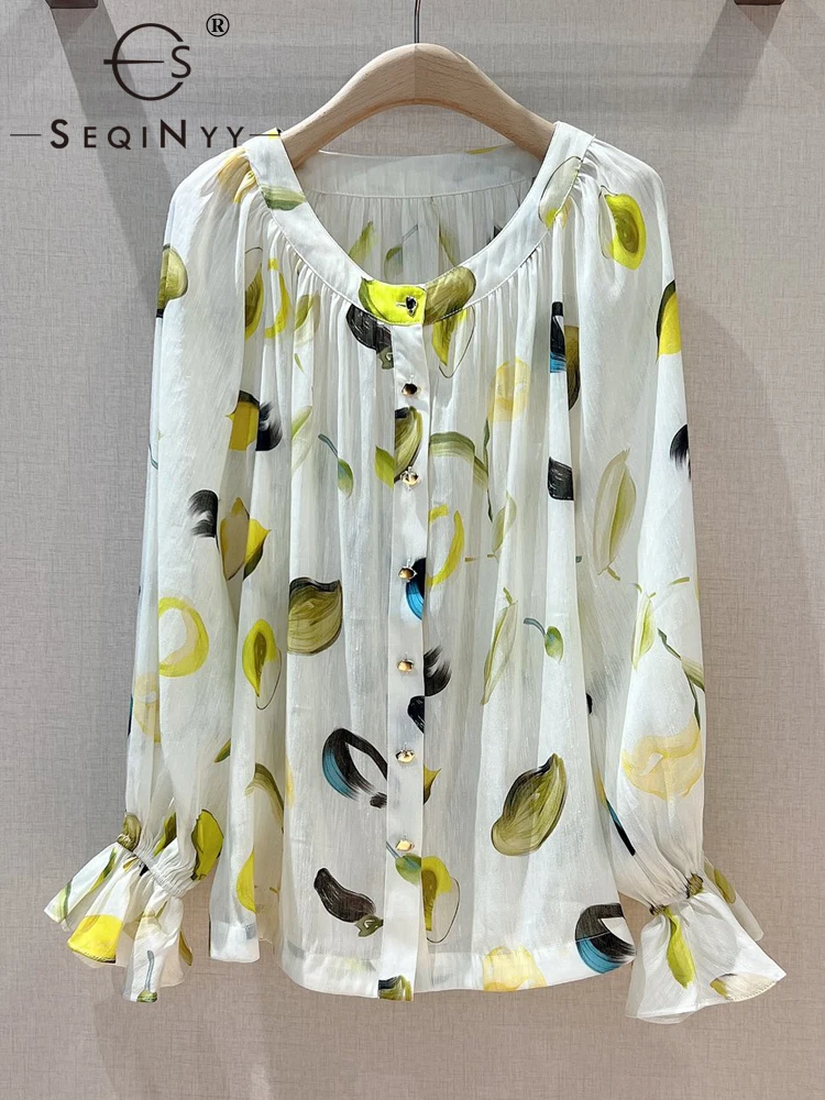 SEQINYY Casual Blouse Summer Spring New Fashion Design Women Runway High Quality Vintage Fruit Print Loose Top Buttons