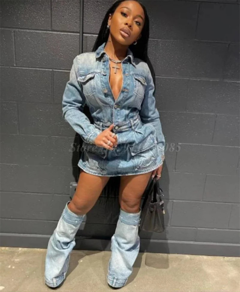 2023 Lock Decor Denim Shark Boots Fashion Thick Bottom Zip Knee High Boots Wedges High Heels Long Boots Women Shoes Plus Size 44