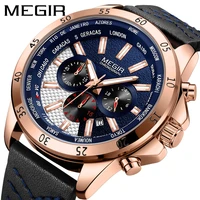 megir casual sport watches for men blue top brand luxury military leather wrist watch man clock fashion chronograph wristwatch