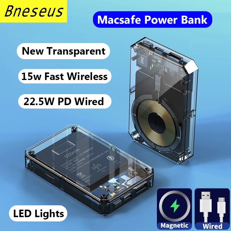

New Transparent 5000mAh Macsafe Power Bank 15W Fast Wireless Charger For iphone 12 13 14 Pro Max External Auxiliary Battery Pack