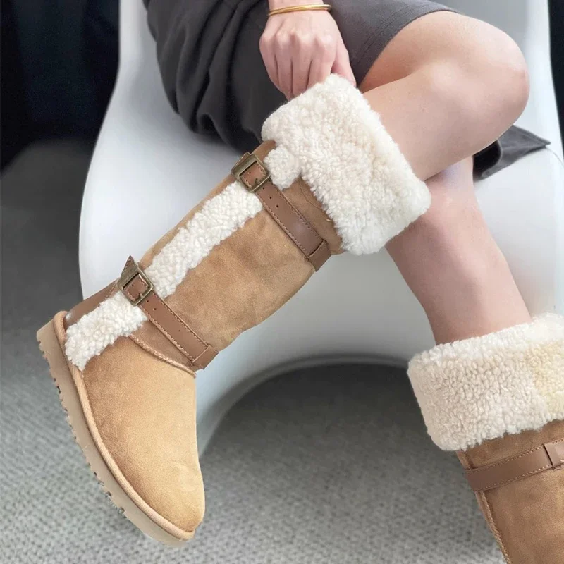 Хутряные зимние высокие сапоги женские замшевые трендовые короткие плюшевые