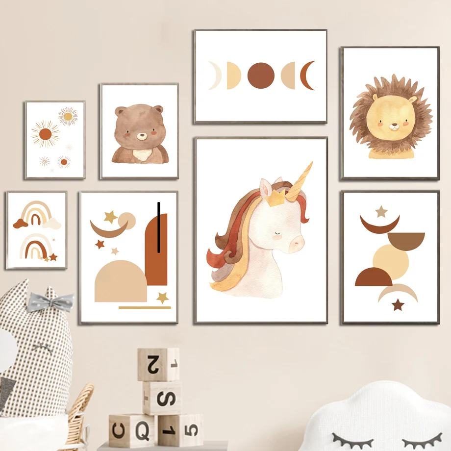 

Adorable Unicorn Lion Bear Rainbow Wall Art Canvas Nordic Posters And Prints Wall Pictures Kids Room Simplicity DecorPainting