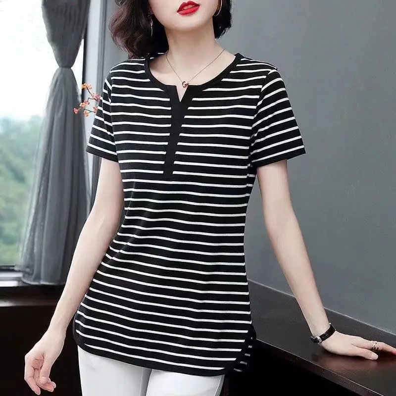 

Женская футболка 2023, женская футболка в полоску с коротким рукавом, футболка для женщин, хлопковая свободная футболка, женская летняя повсе...