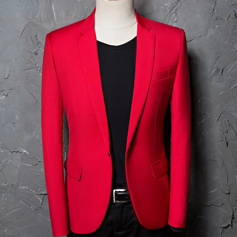 Red One Button Slim Fit Blazer Jacket Men Notched Lapel Men Suit Blazer Casual Party Groom Wedding Blazer