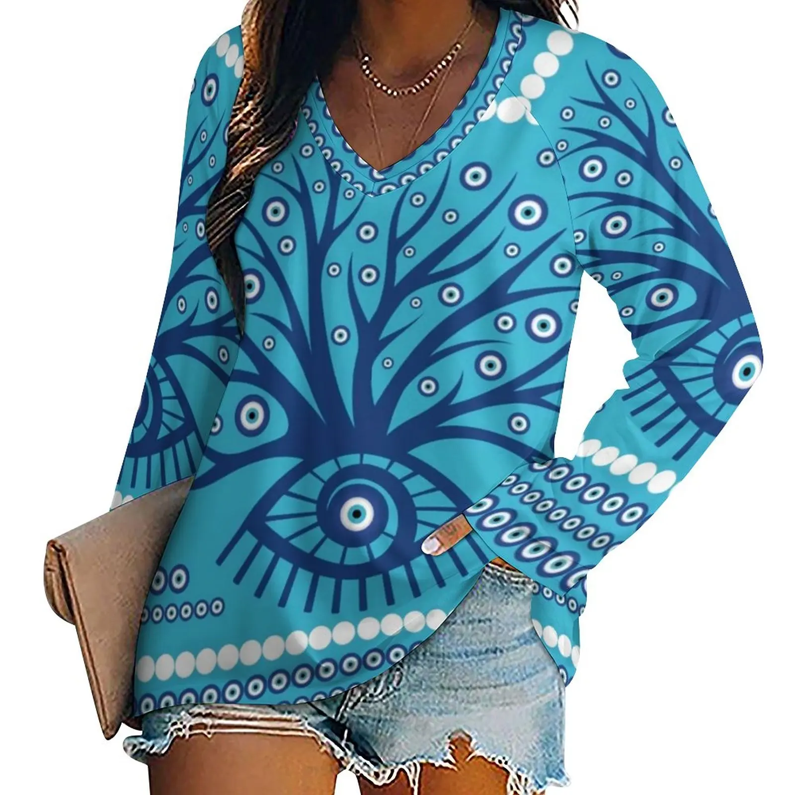 

Greek Eye Tree T Shirts Evil Eyes Mati Mataki On Sky Blue Loose T Shirt Long-Sleeve Cute Design Tee Shirt Clothing Large Size