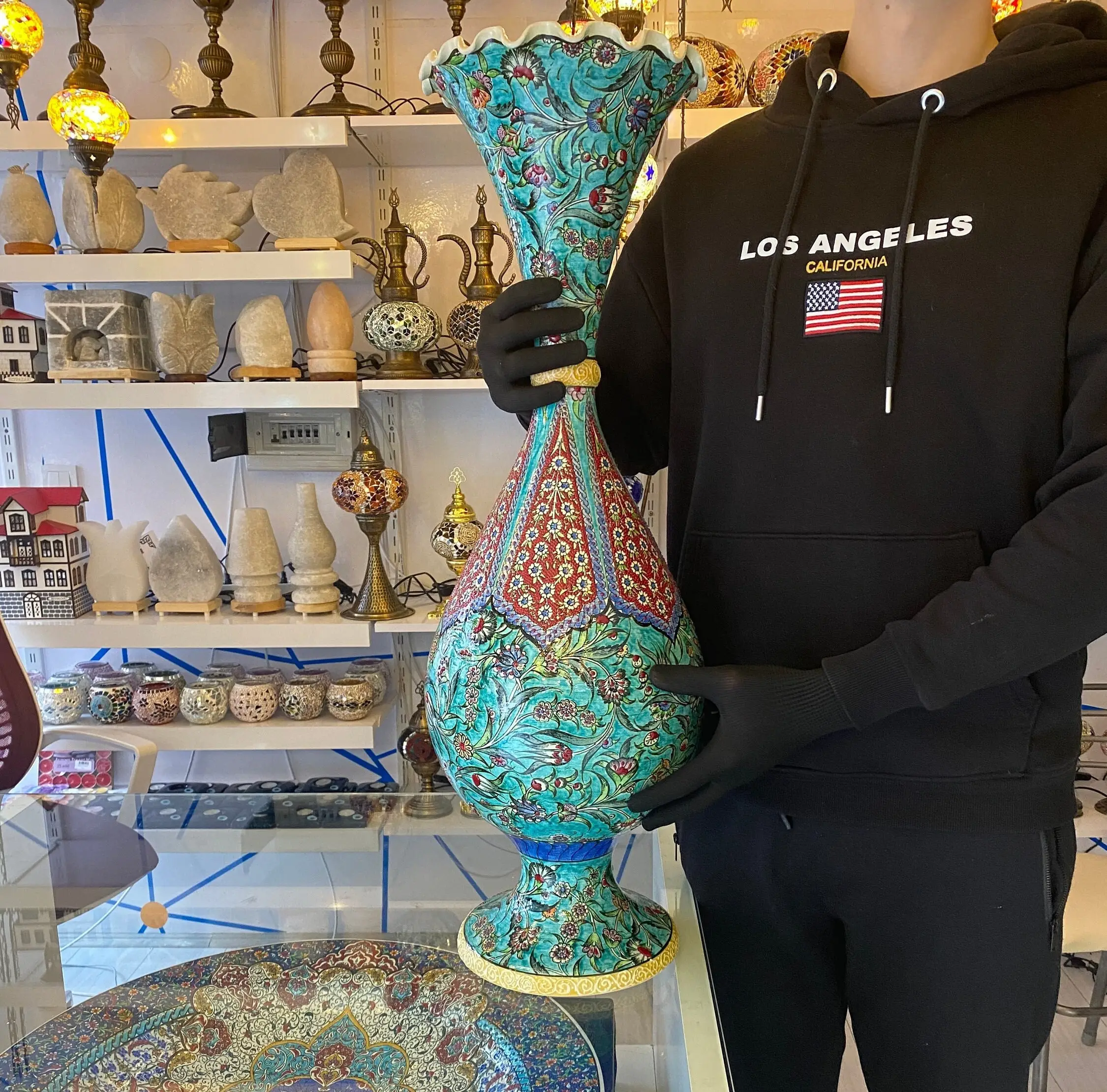 

Handmade Handpainted English Vase With Velvet Box 31.8 "Large Turkish Ceramic Vase, Decorative Ceramic Jar With