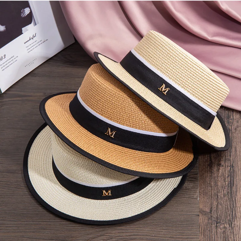 

M Letter Ribbon Round Flat Top Straw Beach Hat Lady Boater Sun Caps M Panama Straw Fedora Women's Travel Sun Cap