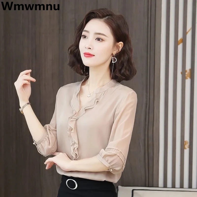 

Loose Oversize 5xl V-neck Chic Korean Shirts Elegant Bluses Women Half Sleeve Spring Tops Chiffon Casual Fashion New 2023 Blousa