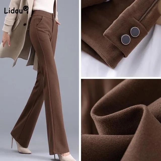 Vintage Commute High Waist Button Flare Pants for Female Autumn Winter New Fashion Casual Solid Color Trousers Womens Clothing 1