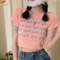 dfrcaeg 2022 summer o neck pink sweater womens pullover casual slim bottoming female knitted short sleeve crop tops femme