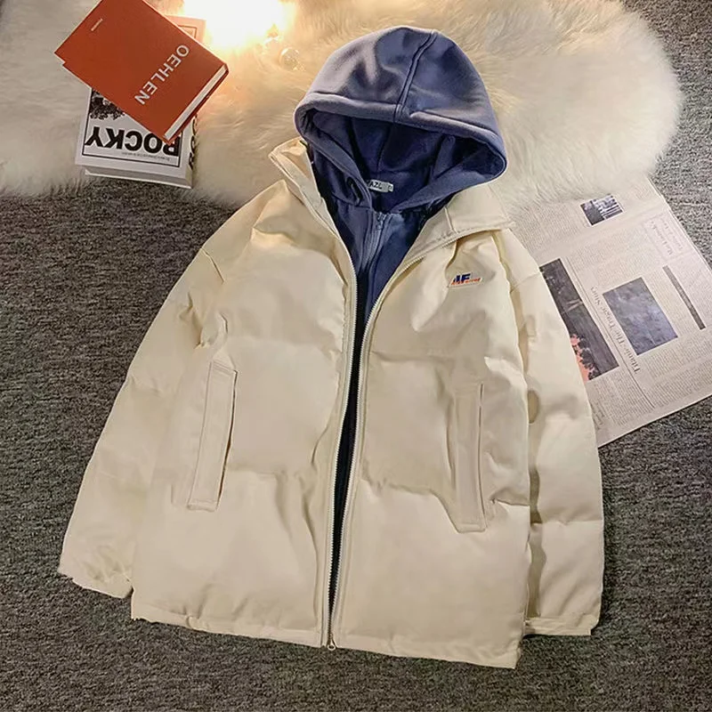 Winter Fake Two-Piece Hooded Cotton-Padded Coat Korean Style Loose PU Leather All-Matching Girls Boys Coat Couple Outerwear