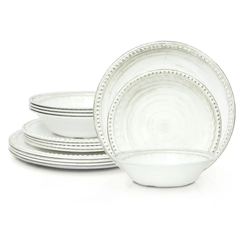 

12 Pieces Dinnerware Set Melamine Plastic Plates and Bowls, Service for 4, Durable and Dishwasher Safe, French Country House Oys